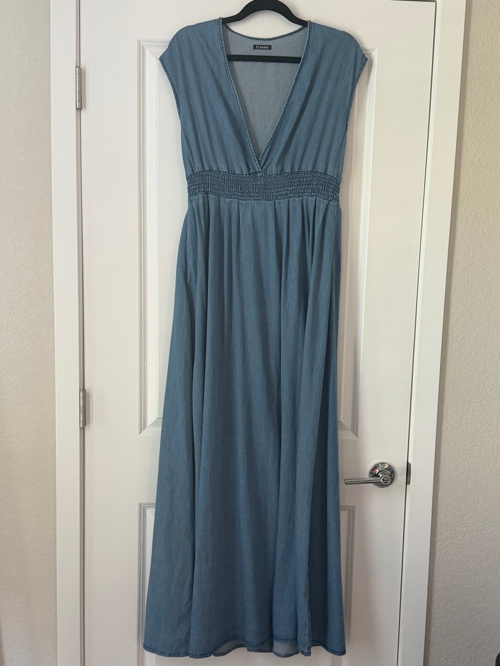 Smocked-Waist Blue V-Neck Maxi Dress